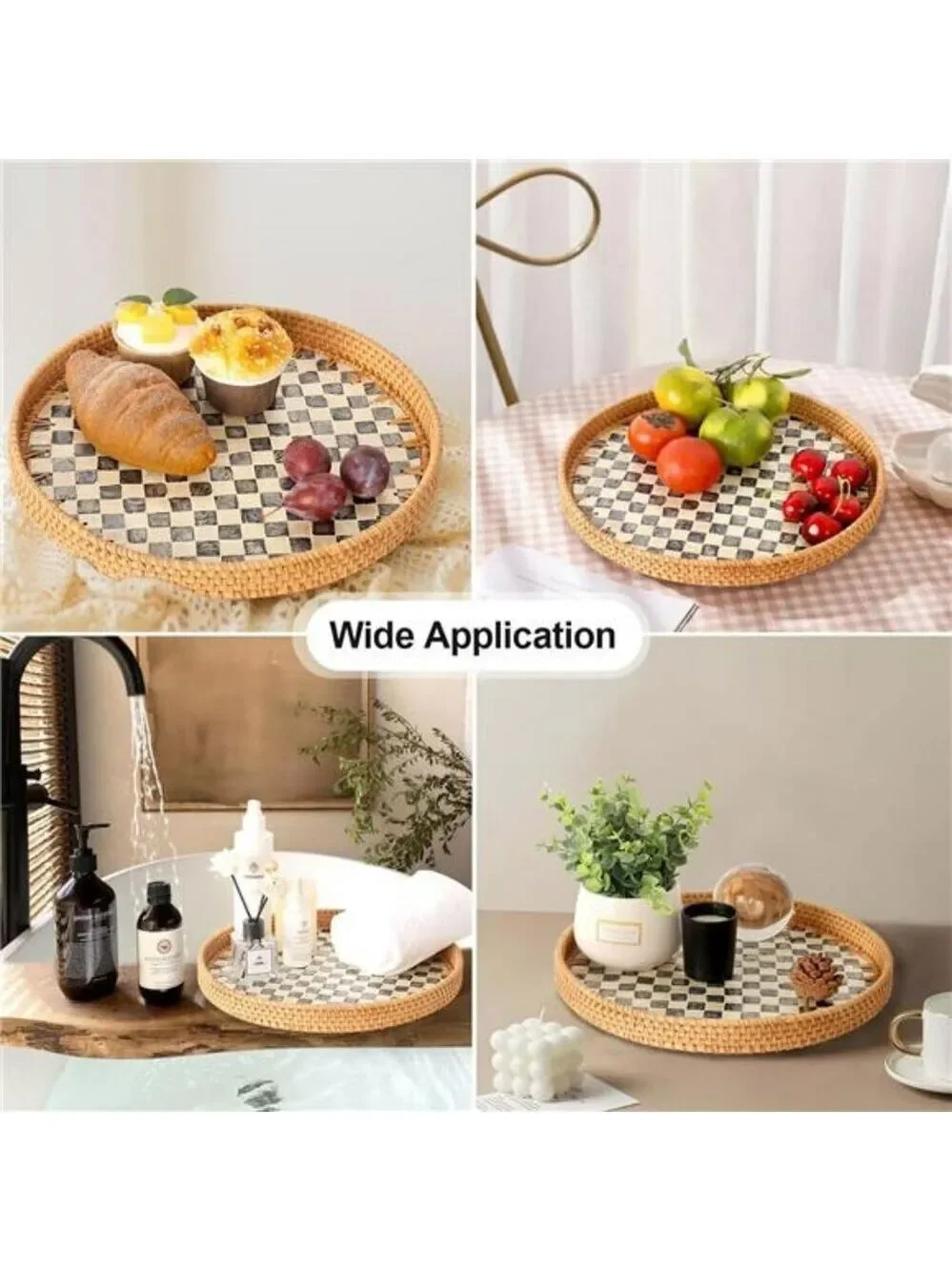Round Rattan Tray Black Mother of Pearl Inlay Coffee Table Kitchen Decor